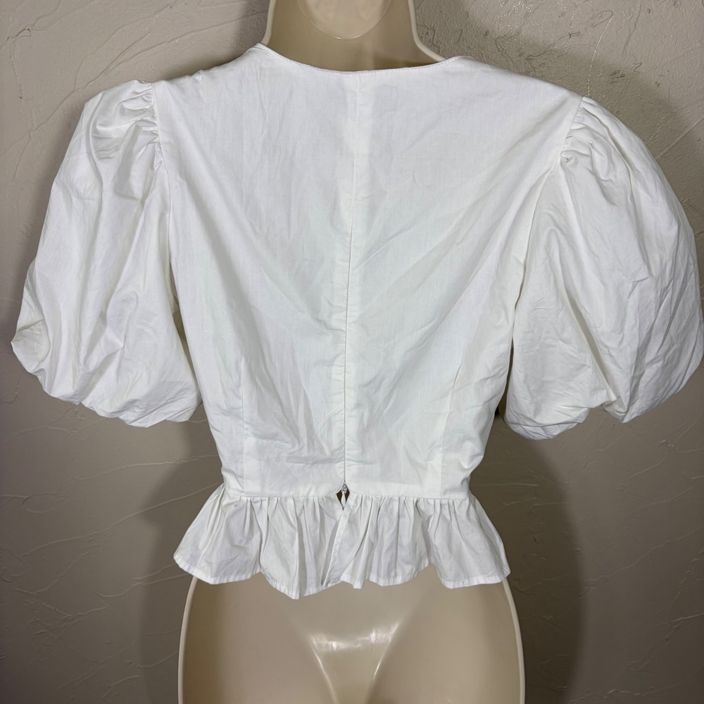 Nasty Gal Crop Top Womens 4 White Puff Sleeve Tie Front Peplum Cottagecore - Picture 3 of 12